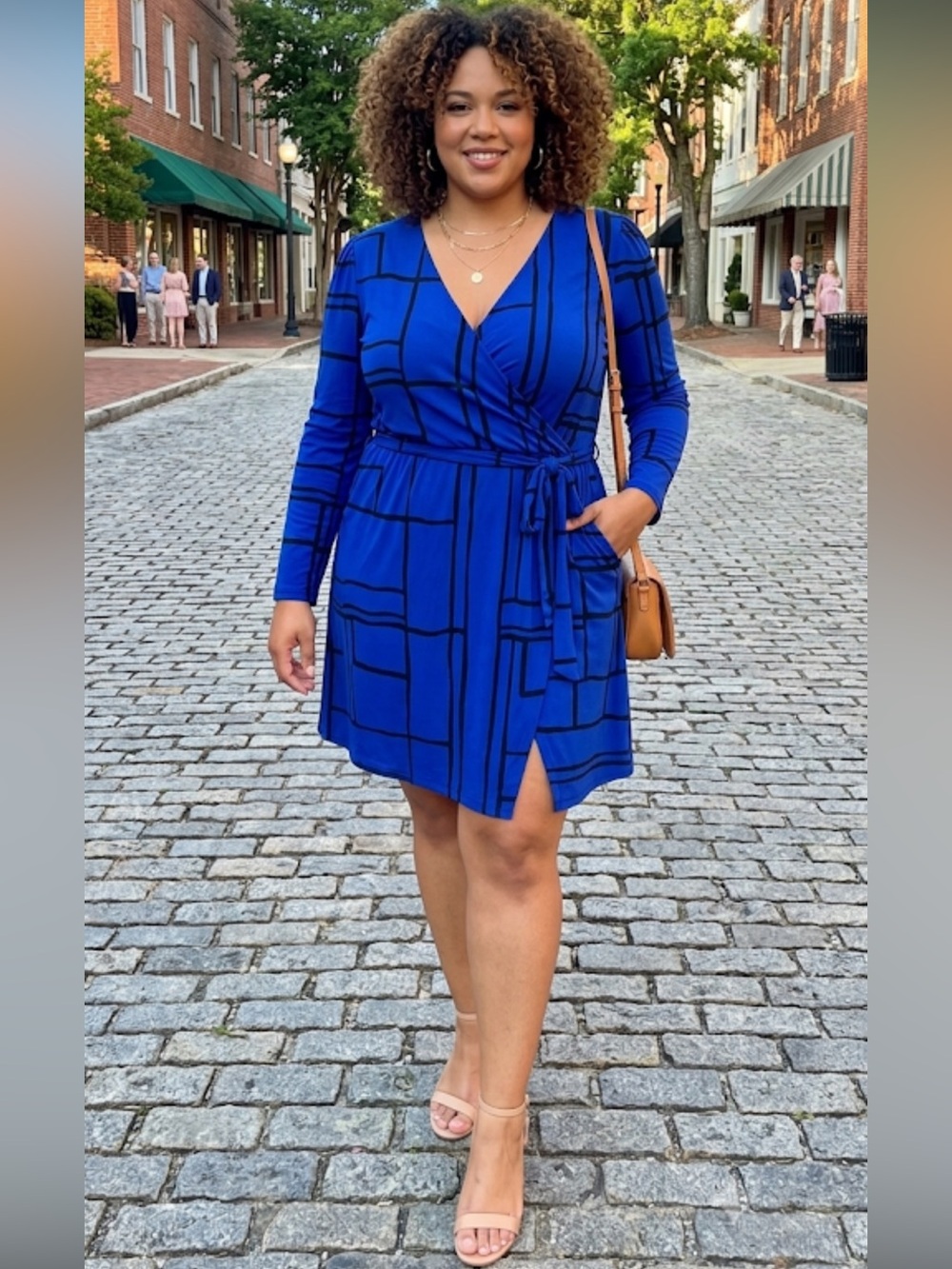 Nine West Royal Blue & Black Geometric Grid Faux Wrap Dress - Size Large